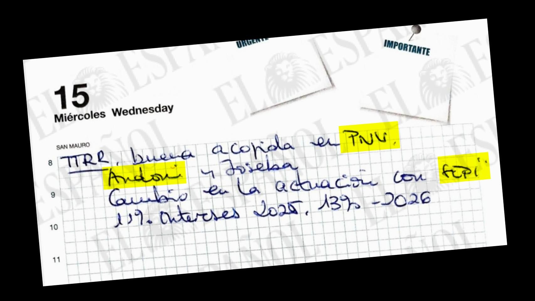 La agenda de Leire, poco antes de la cita de Ortuzar y Tubos: "Buena acogida PNV. Andoni. Cambio actuación con SEPI"
