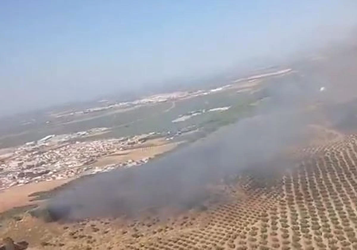 Medios aéreos y terrestres para sofocar un incendio forestal en Humilladero