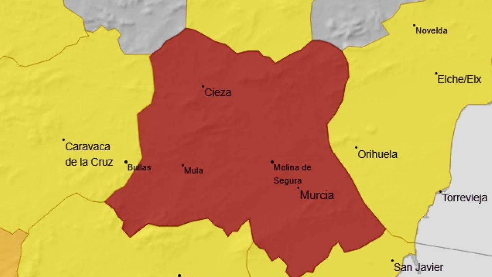 La Aemet activa el aviso rojo en Vega del Segura (Murcia) ante el peligro provocado por lluvias torrenciales