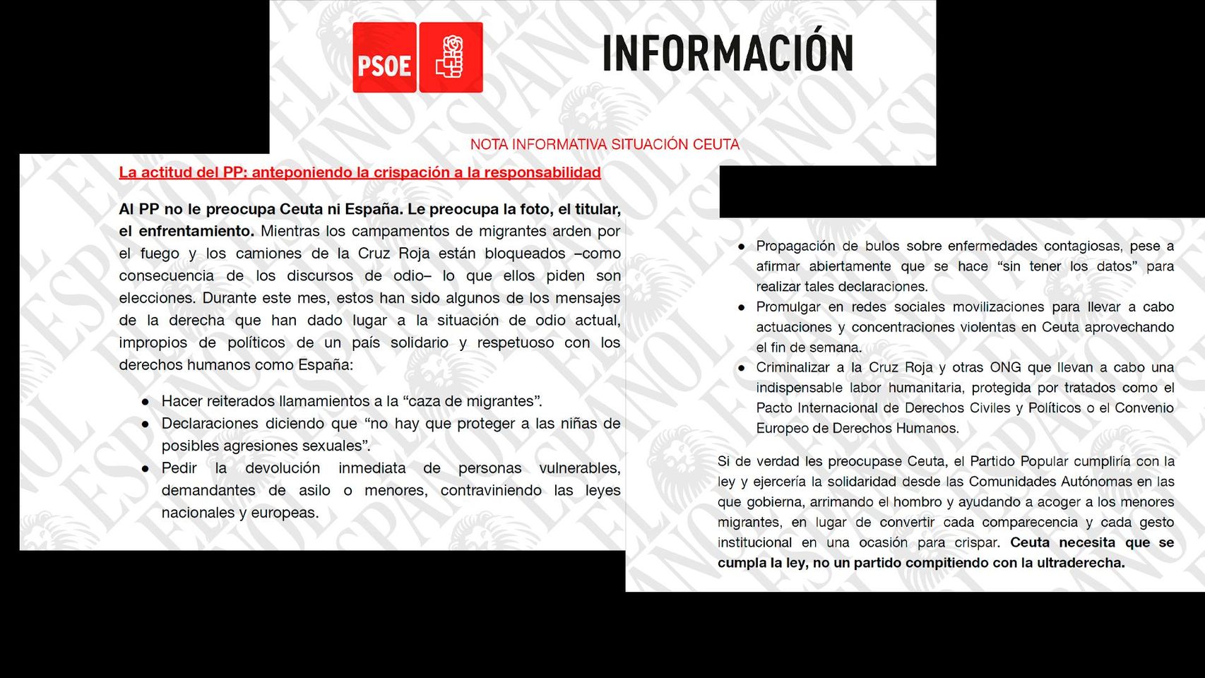 El PSOE busca hundir los actos del 2-S de apoyo a Ceuta: acusa al PP de alentar la violencia y desproteger a las niñas