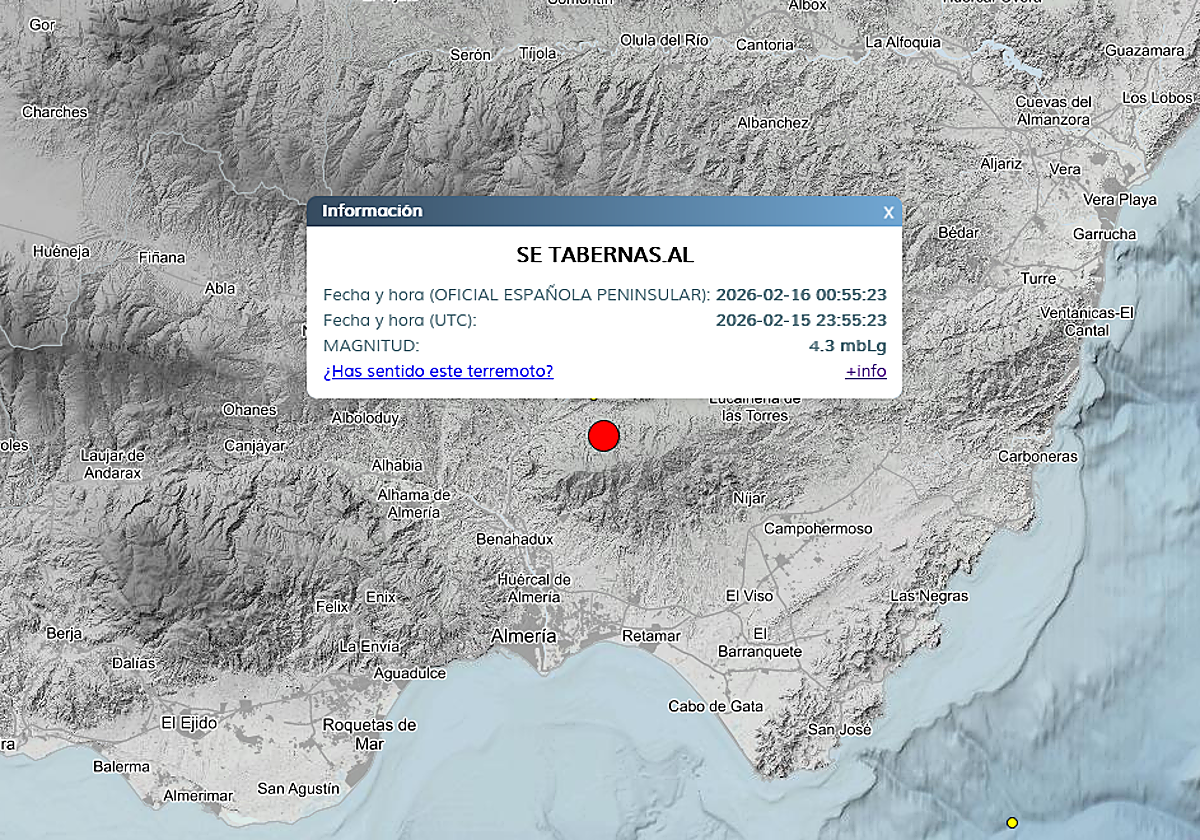 Registrado un terremoto de magnitud de 4,3 esta madrugada en la zona de Tabernas, en Almería