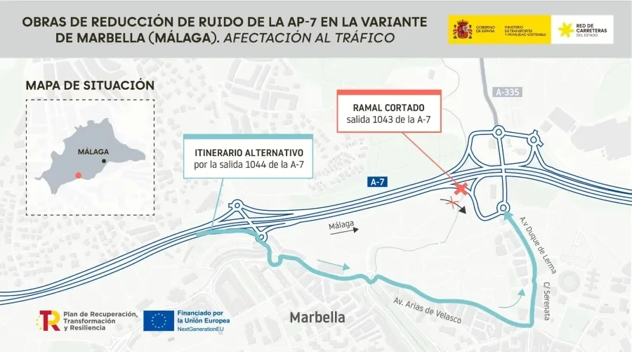 Afectaciones al tráfico por las obras para reducir el ruido en la variante de Marbella de la AP-7