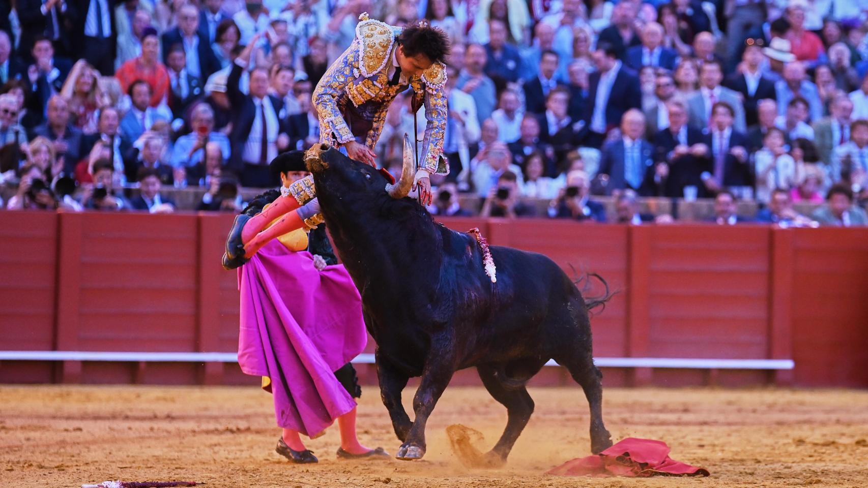 Roca Rey corta dos orejas en Sevilla tras sufrir una escalofriante cornada en el muslo