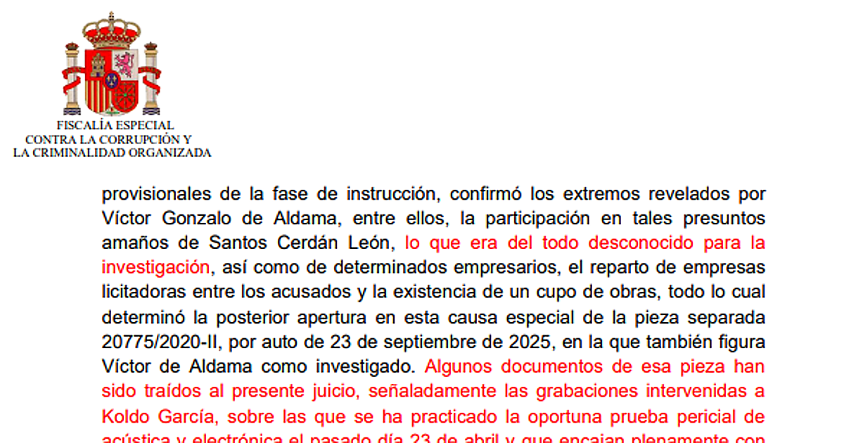 Anticorrupción quería rebajar la pena a Aldama por ayudar a imputar a Cerdán pero se lo vetaron
