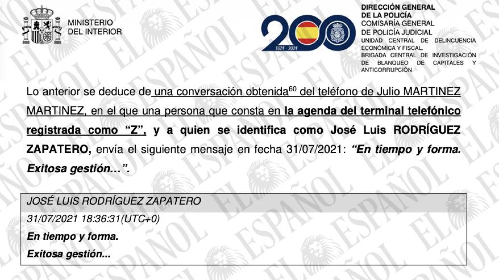 El informe de la UDEF acredita que Zapatero felicitó desde su móvil a la trama de Plus Ultra por sus gestiones en Venezuela