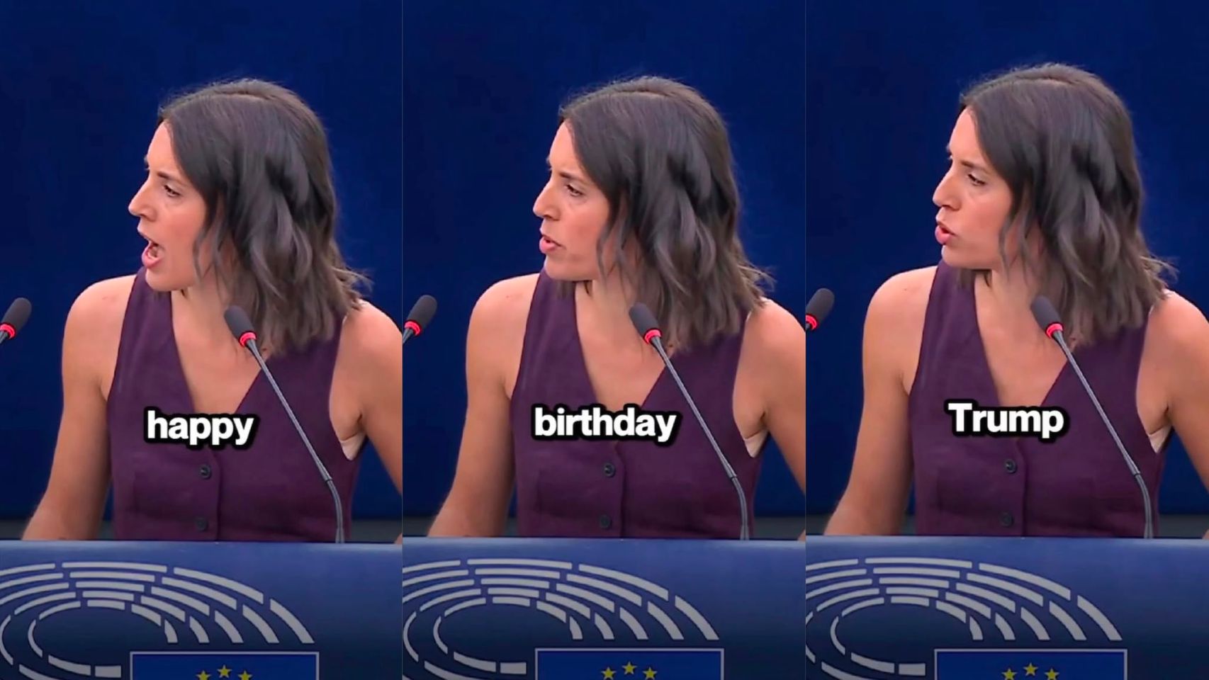 Irene Montero da la nota en el Europarlamento cantando el cumpleaños feliz a Trump, al que llama "señor genocida"